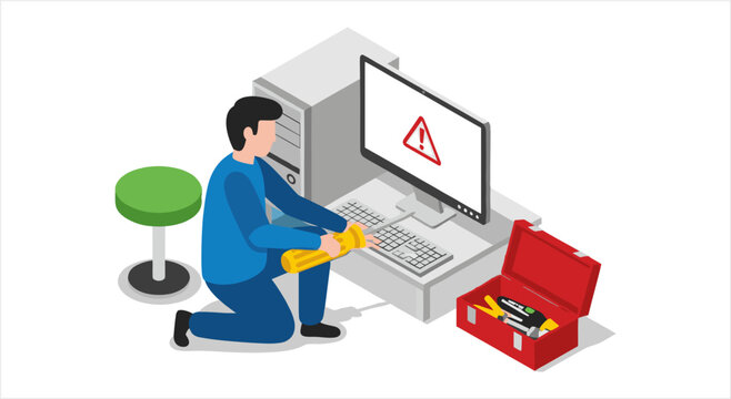 Computer technician fixing a desktop computer with a warning sign.