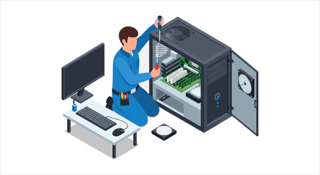 Computer technician repairing a desktop computer system.