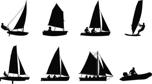 Sailing boats and water sports silhouette icons set including yachts dinghies catamaran windsurfing and inflatable motorboat