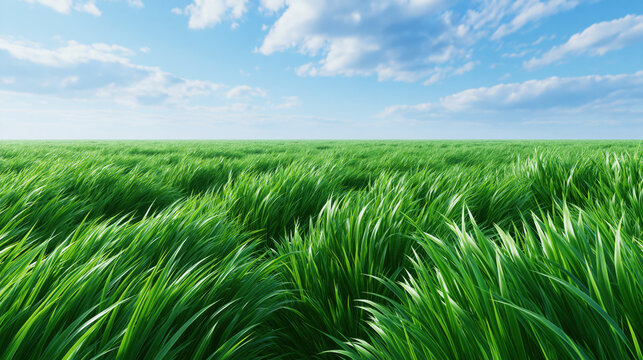 Green grass field blue sky cloudy sky wide landscape open meadow natural background lush vegetation windy grass fresh nature rural scene