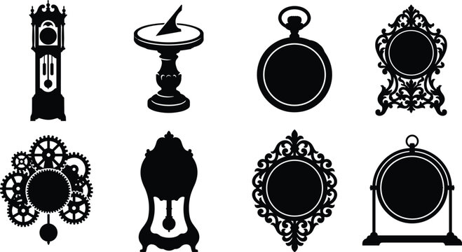 Set of antique and vintage clock silhouettes including grandfather clock sundial pocket watch and gears
