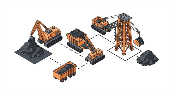 Coal Mining Operations with Excavators and Cranes Illustration.