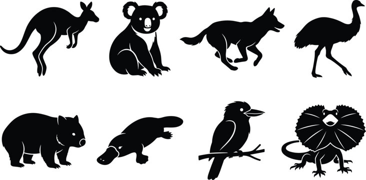 Set of black and white silhouette icons featuring various iconic Australian native wildlife animals