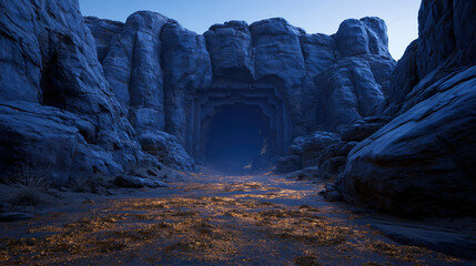 Fototapeta premium Large cave entrance in rocky canyon with blue light and glowing floor, mysterious expansive cavern landscape with dramatic shadows