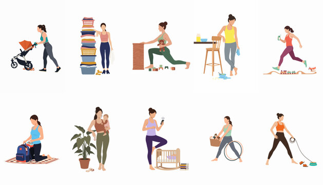 Illustrations of a busy multitasking mother balancing fitness, household chores, and childcare activities in various everyday life situations.