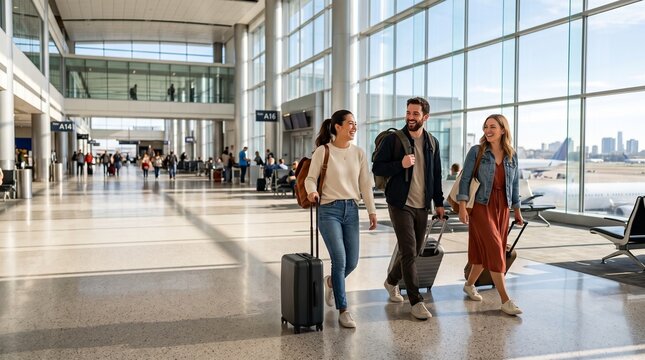 Three smiling friends walk with luggage through a modern, sunlit airport terminal, ready for travel.
