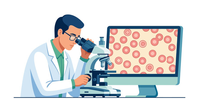 Professional male hematologist analyzing blood samples using microscope and computer monitor flat vector illustration