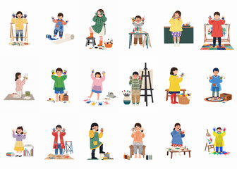 Fototapeta premium Set of illustrations featuring happy children engaged in creative painting and art activities with colorful messy hands.