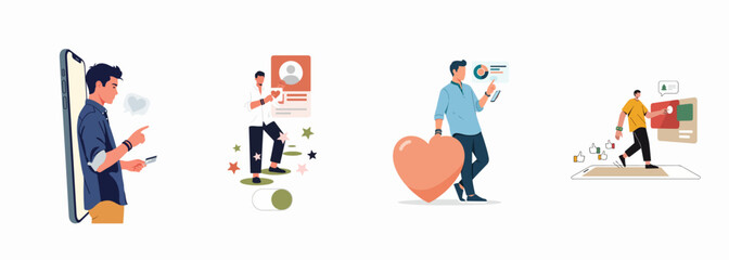 Fototapeta premium Set of flat vector illustrations depicting young men using smartphones for social media, online dating, digital marketing, and mobile payments.