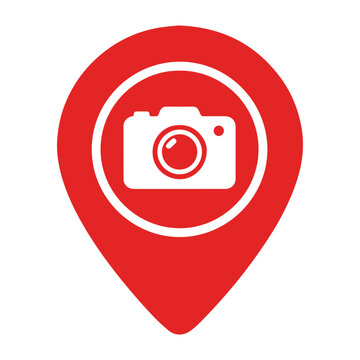 Red map pin icon with camera symbol vector graphic