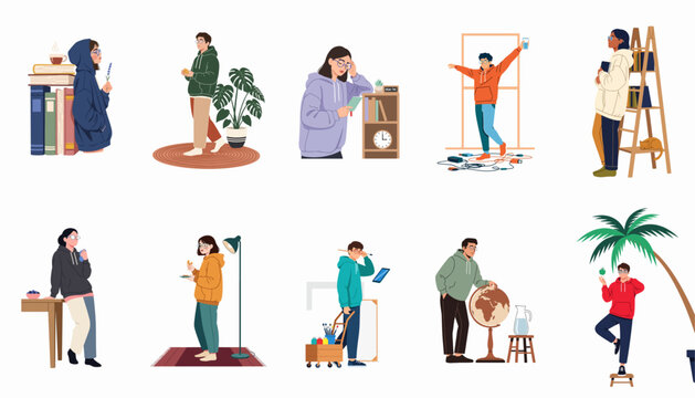 Diverse collection of young adults wearing hoodies and participating in different indoor activities and hobbies in a modern flat illustration style.