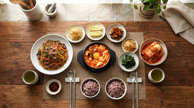 Traditional Korean feast with spicy soft tofu stew, japchae glass noodles, and fresh kimchi, top-down flat lay on a rustic kitchen table