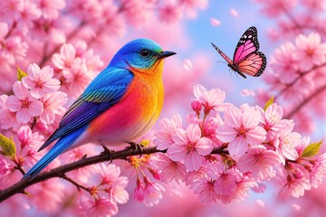 Fototapeta premium A colorful bird sits on a branch filled with pink cherry blossoms. A butterfly flies close by. The scene captures spring with flowers blooming and vibrant colors.