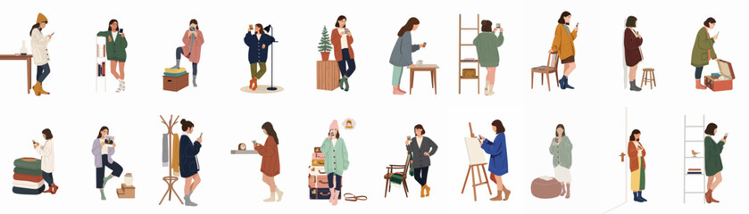 Fototapeta premium Set of diverse women illustrations in cozy indoor settings looking at photographs and digital screens, reflecting on nostalgic memories and daily life moments.