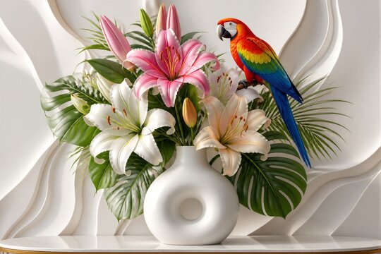 A bright parrot sits beside a white vase filled with pink and white flowers on a table. Green leaves surround the flowers. The scene is set in a well-lit indoor area.