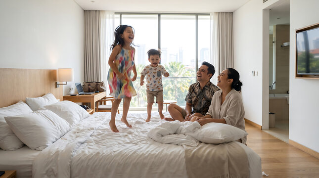 Ultra Realistic Photography of Indonesian Family Relaxing in Modern Hotel Room During School Vacation Holiday