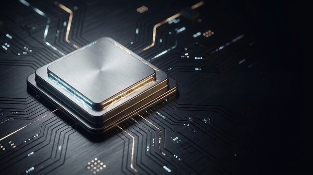 Shiny metal central processing unit rests elegantly upon a dark motherboard featuring intricate golden glowing circuits in a high tech environment