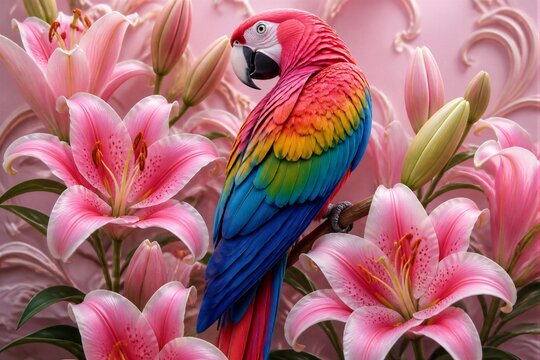 A parrot with bright red, blue, and green feathers looks around while sitting near pink lilies. The background shows a floral wall design. The scene captures a lively moment in nature.