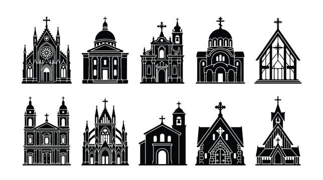 Christian church silhouette icon set, 10 religious building vector illustrations, black cathedral and chapel architecture symbols for maps and logos