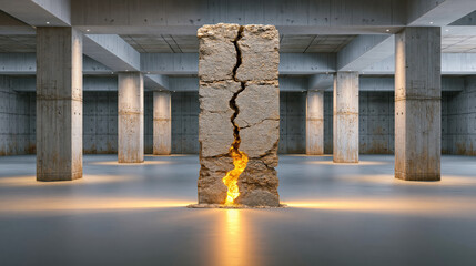 Obraz premium Abandoned interior concrete hall stone pillar cracked wall fire light empty room urban building industrial space modern ruin