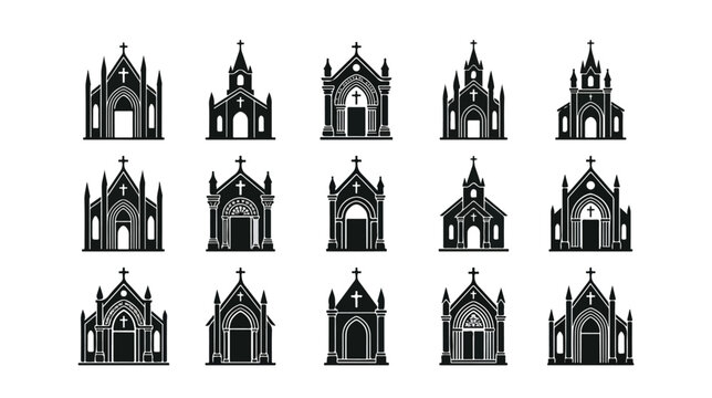 Gothic church silhouette icons set, 15 black cathedral and chapel vector elements, medieval religious building architecture for maps and logos