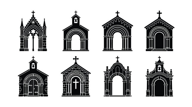 Gothic church facade icons, set of 8 black silhouette cathedral entrance vectors, medieval religious building architecture for map design