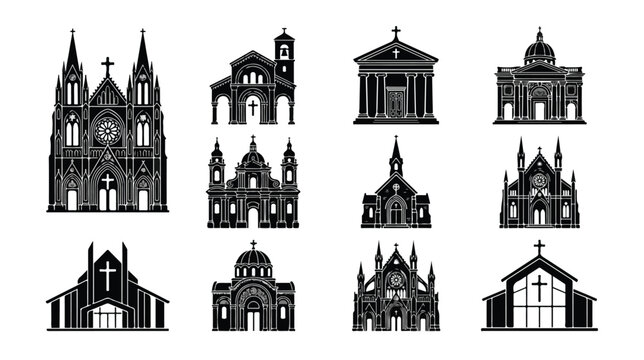 Gothic church silhouette icons, set of 12 religious building vector illustrations, black cathedral and chapel architectural landmarks on white