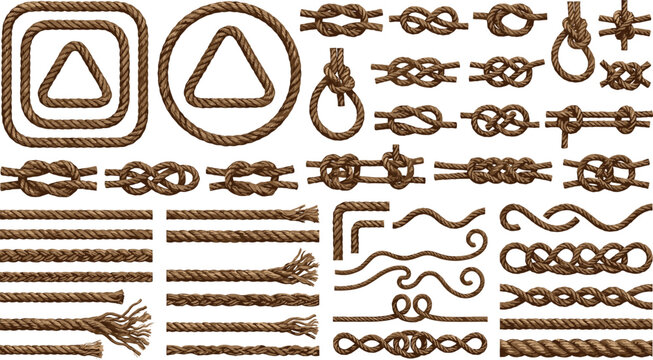 Nautical Rope Borders and Knots Vector Set Featuring Marine Cord Frames, Dividers, Lines, and Ties for Maritime, Sailing, and Rustic Designs