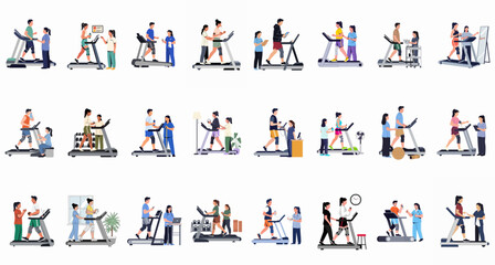 Fototapeta premium Comprehensive Illustration Set of Patients Undergoing Physical Therapy and Rehabilitation Exercises on Treadmills with Professional Medical Supervision and Monitoring