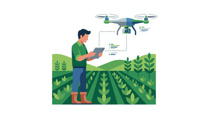 Naklejka premium Modern farmer using digital tablet to monitor agricultural drone over green crop fields flat vector illustration.