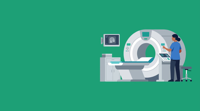 Medical MRI scanner with technician in clinic, diagnostic imaging technology