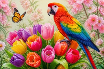 Fototapeta premium A parrot with bright feathers stands next to a bunch of tulips. A butterfly hovers close by. The background shows green plants and flowers. It is daytime.