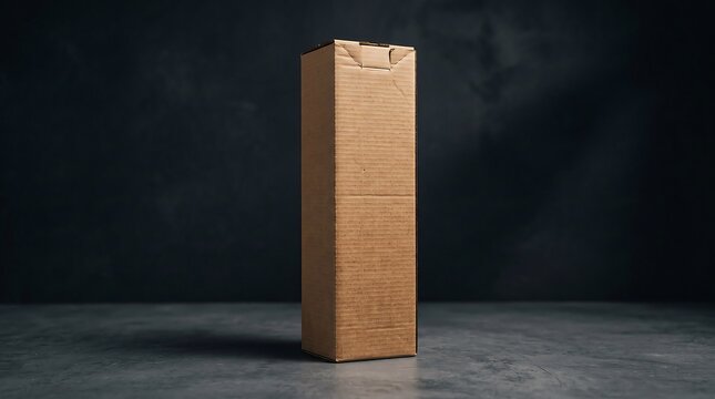Tall brown cardboard rectangle box mockup on a dark stone background
