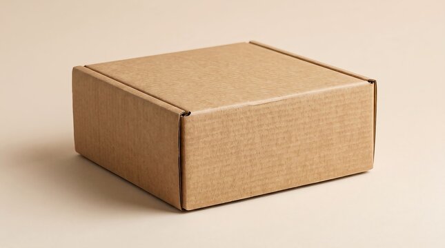 Closed rectangular brown cardboard mailer box mockup on a soft beige background