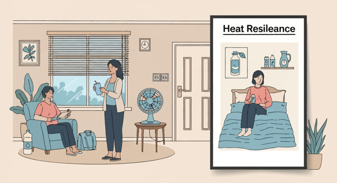Vector illustration of two women staying cool indoors during a heatwave with an electric fan, closed blinds, and water bottles, featuring a side poster about heat resilience.