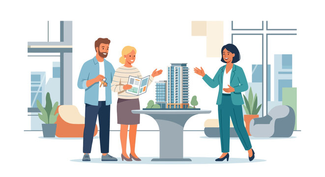 Real estate agent showing apartment building architectural model to young couple flat design vector illustration