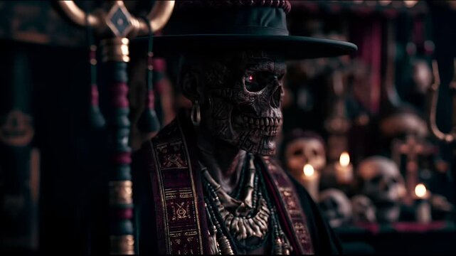 Europe medieval lifestyle. A dark, atmospheric portrayal of a skulllike figure wearing a dark, ornate outfit with intricate patterns and designs. The figure wears a widebrimmed hat with a red ribbon.