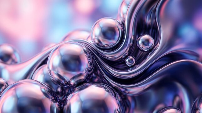 Liquid metallic spheres flowing in abstract fluid composition with abstract reflection morphing colorful artistic futuristic material fluidity