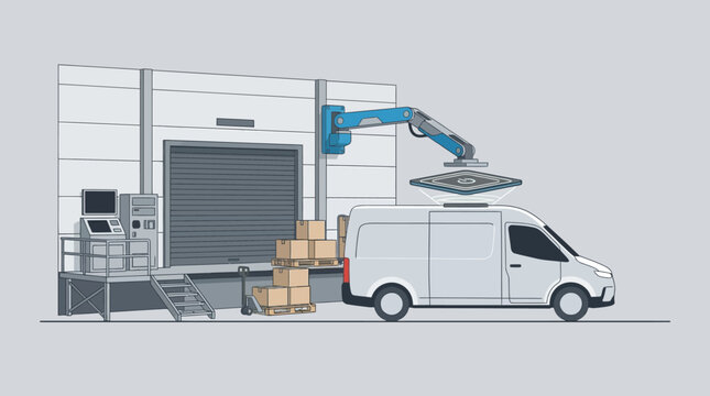 Vector illustration of a robotic arm loading a pallet onto a delivery van in a warehouse with stacked boxes