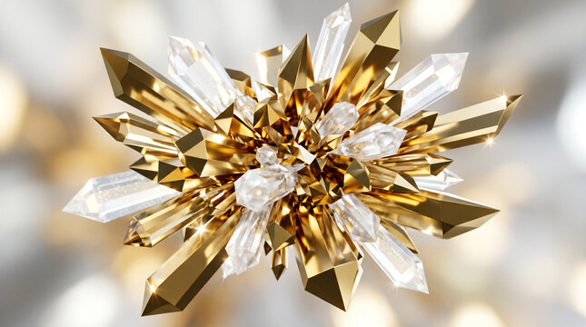 Abstract geometric cluster of gold and transparent crystal shards.