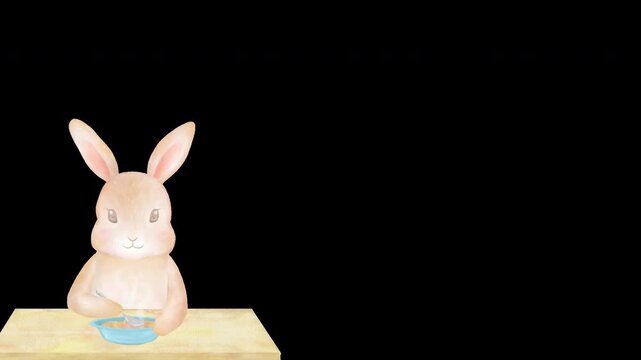 温かいご飯を食べる可愛いうさぎの水彩風ループアニメーション。右半分にコピースペースのある背景透過のフレーム。