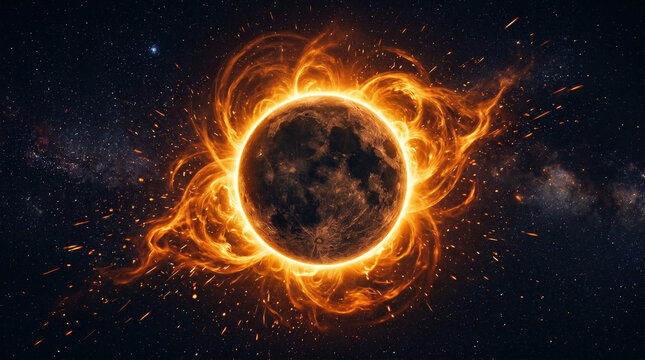 Abstract solar eclipse with intense fiery plasma and solar flares.