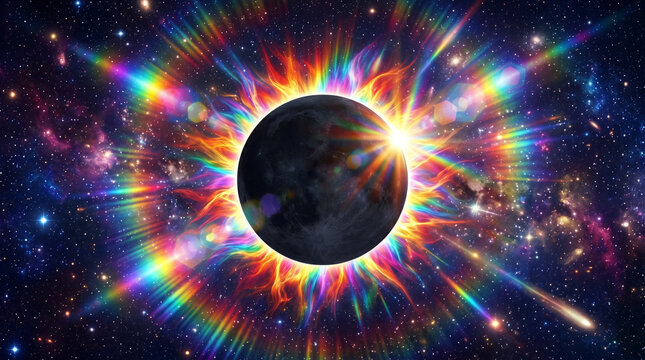 Abstract solar eclipse with vibrant rainbow light rays and colorful cosmic nebula.