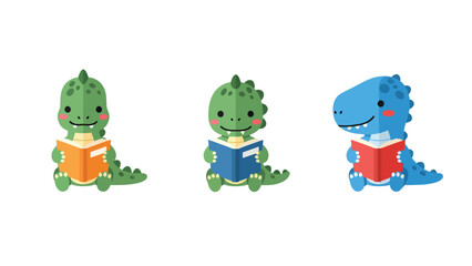 Fototapeta premium Three cute cartoon dinosaurs reading books, isolated on a white background, representing education and learning.