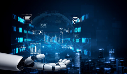 Plakat AI artificial intelligence drives data analytics with predictive models, smart dashboards, and virtual assistant insights for data-driven business decisions. Vouch