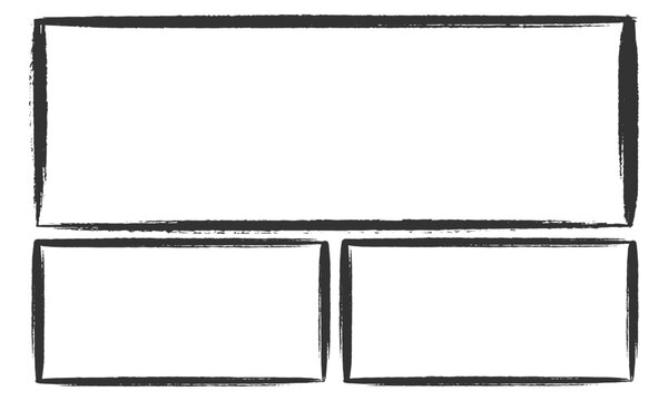 Rough hand drawn comic book page storyboard layout template with three rectangular frames vector illustration