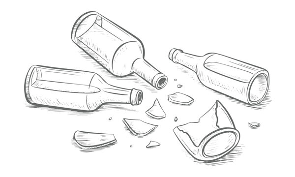 Vintage hand drawn sketch of broken glass bottles and scattered shattered shards vector illustration background