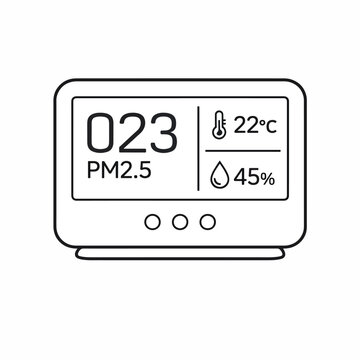 Digital air quality monitor display with PM25 temperature and humidity.
