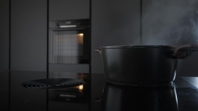 A woman operates a sleek induction stove with integrated downdraft ventilation in a dark, modern kitchen. Perfect for home technology and interior design content.