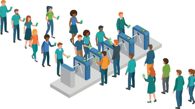 Diverse multicultural people queueing at stadium entrance scanning smartphone tickets on turnstiles isometric flat vector illustration
